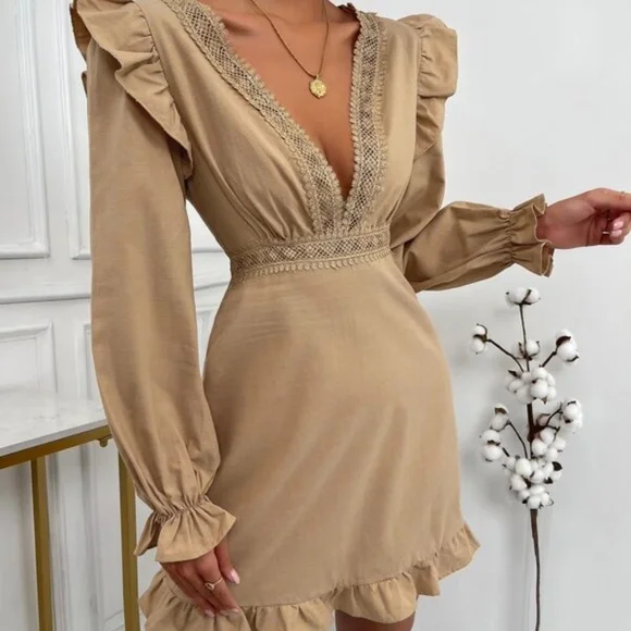 Classic Cream Plunging Neckline Lace Ruffle Sleeve Mini Dress - Picture 2 of 11